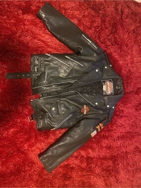 Harley-Davidson Black Leather Motorcycle Jacket with Patch Accents